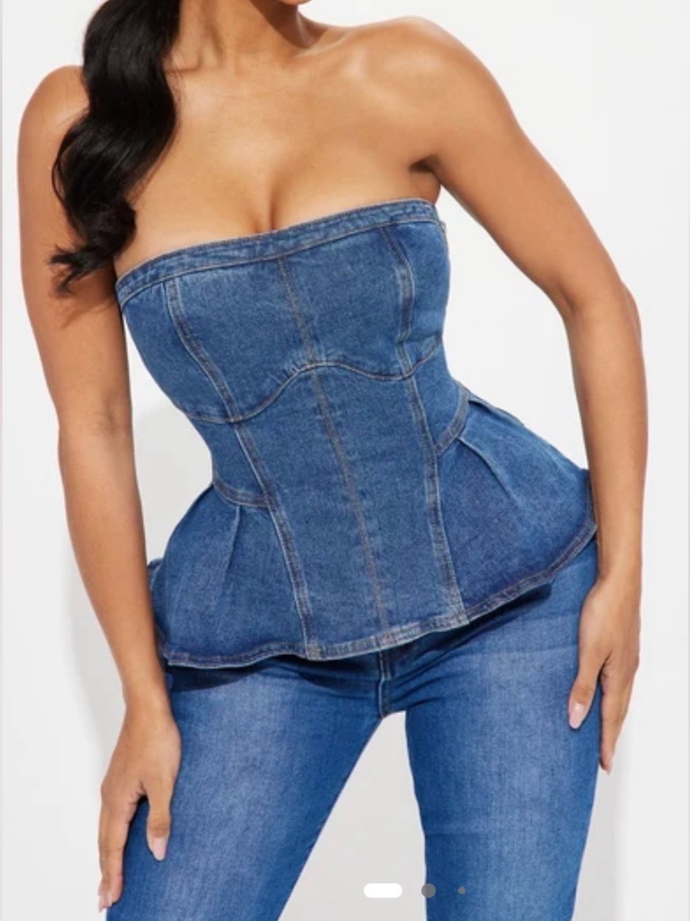 Strapless Peplum Denim Top- Blue